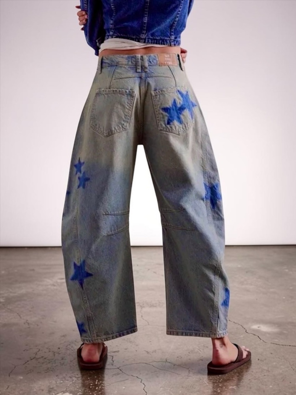 NEW Free People x WTF Good Luck Shadow Patch Barrel Jeans -Dark Wash w/ Stars ⭐️ - Picture 7 of 16